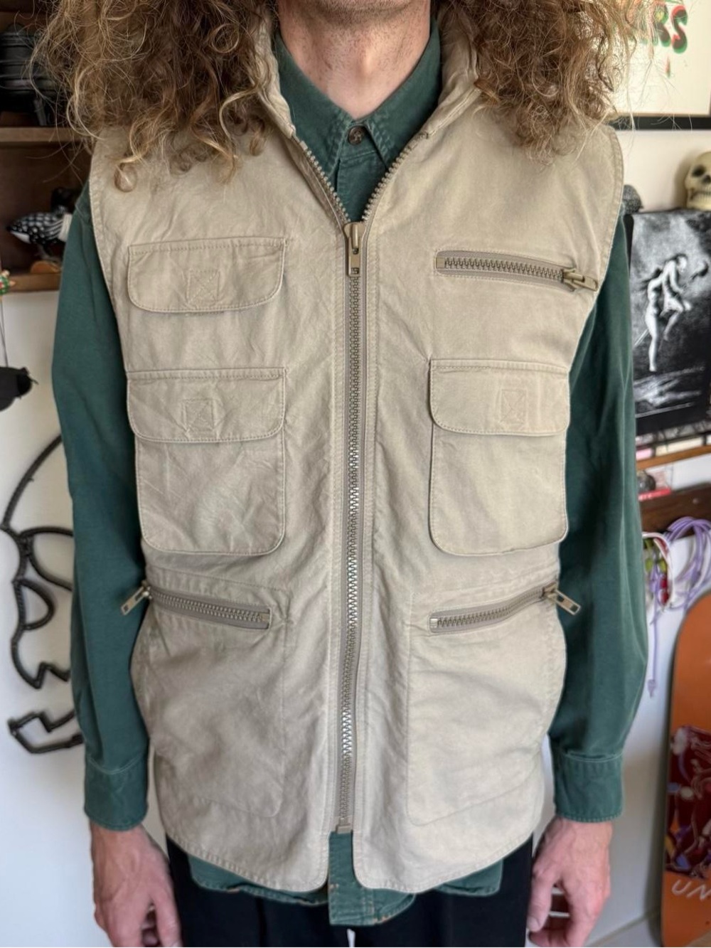 Vintage 80s Banana Republic Khaki Hooded Bush Vest Utility Gorpcore ~ Size M